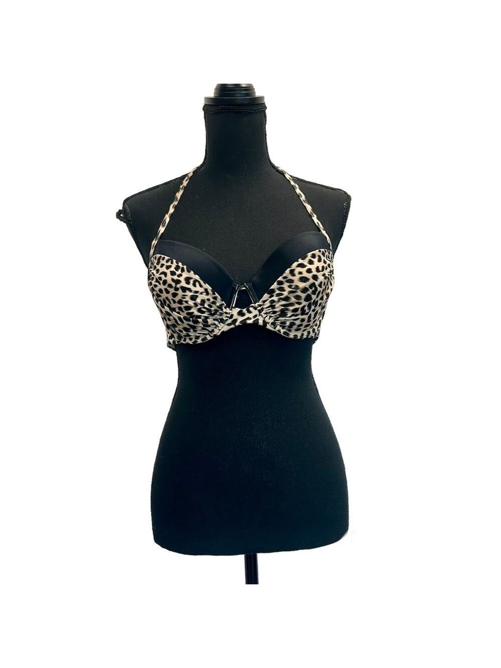 Victoria's Secret tan brown black leopard print push-up Bikini top Sz 34D